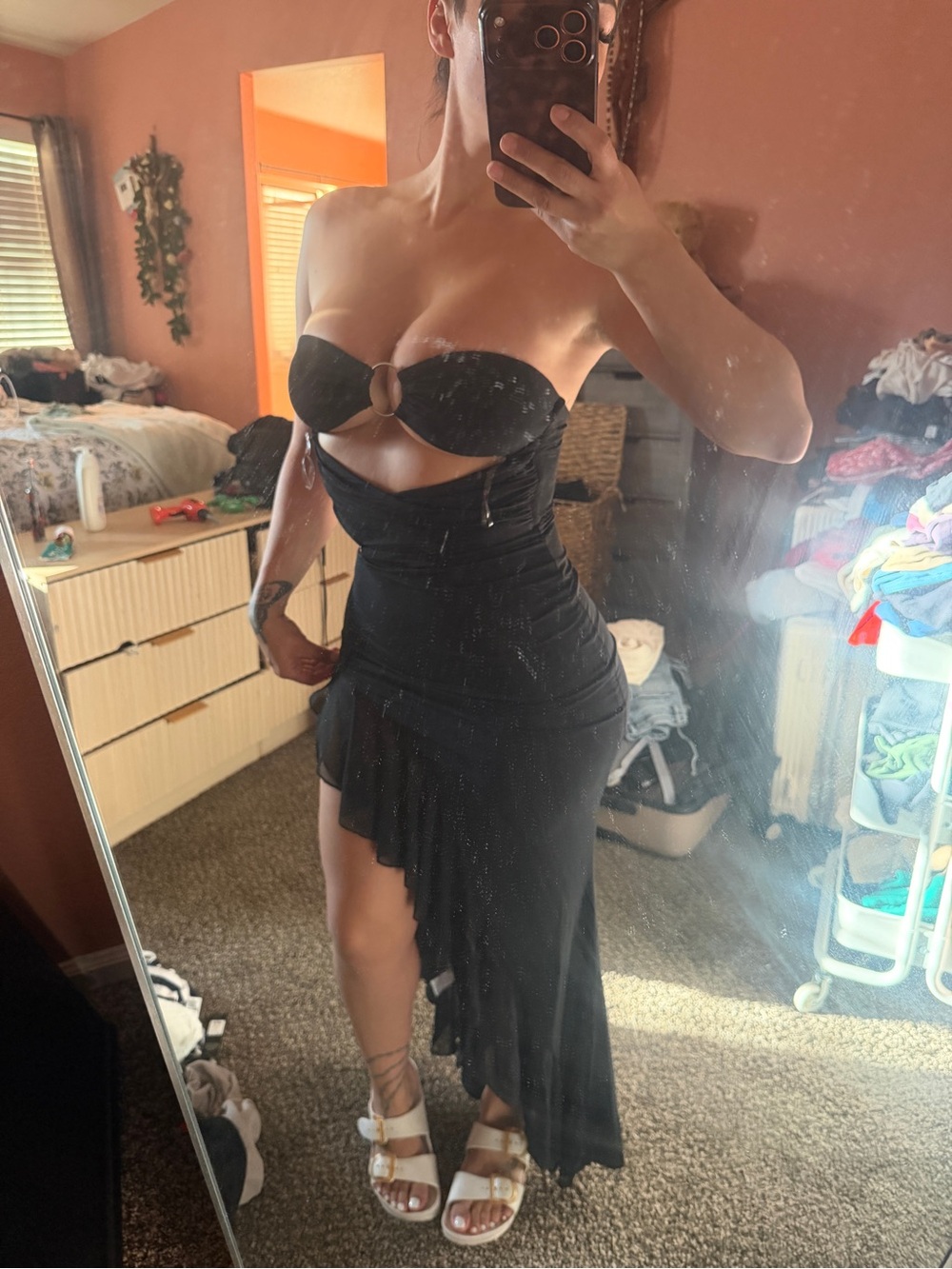 Black Strapless High-Low Cut-Out Dress with Ring Detail